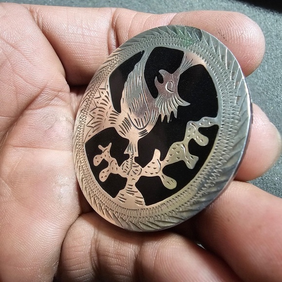 Vintage RAG Signed Mexico Sterling Silver 925 Aguila Real On Cactus Round Brooch - Picture 4 of 10